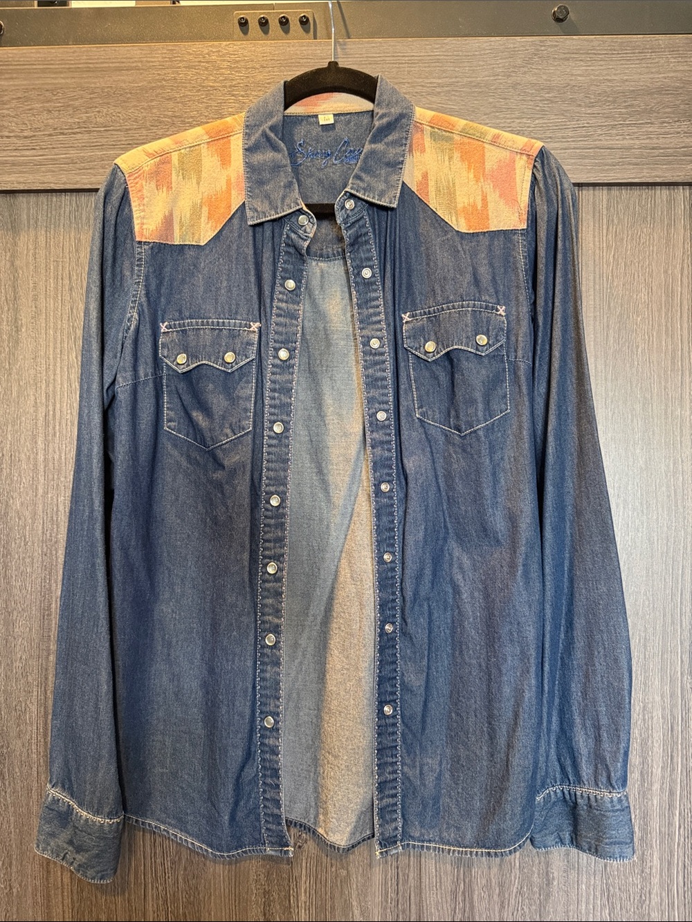 Resistol Sherry Cervi Denim Western Shirt with Patterned Shoulder Panels M